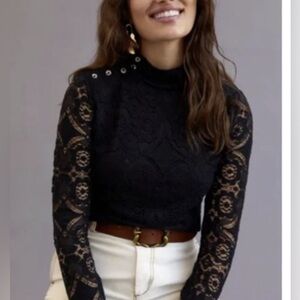 Anthropologie, mock neck black lace top